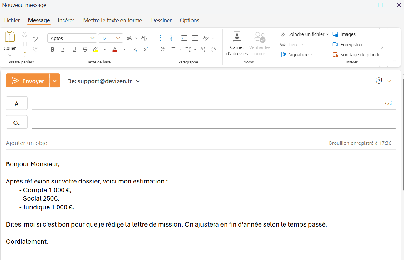 E-mail Outlook avec devis tape a la main